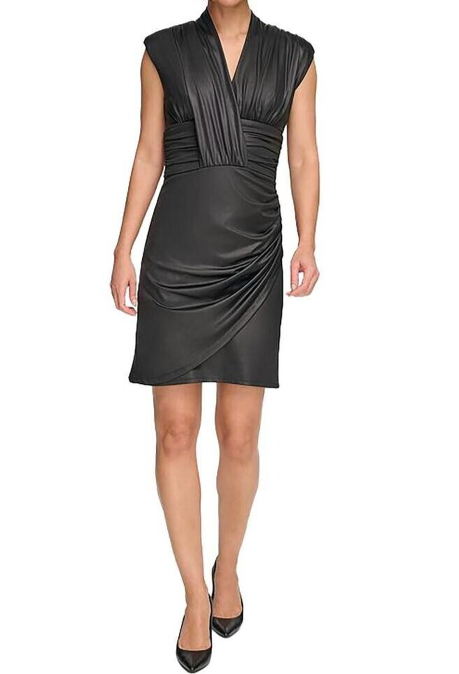 NWT DKNY Women's Black Glazed Ruched V-Neck Sleeveless Shift Dress Size 12